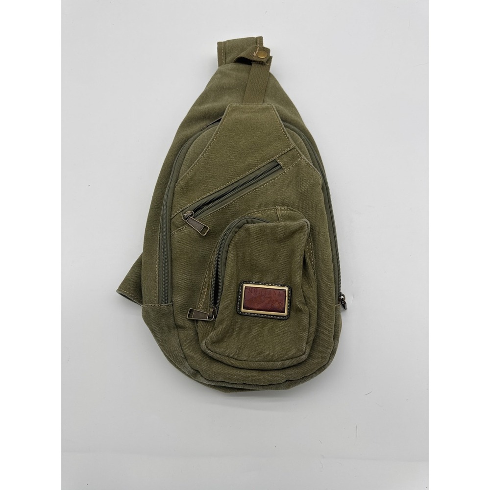 Sage Green Canvas Hiking Crossbody bag. Montana leather patch. Patted 4 areas